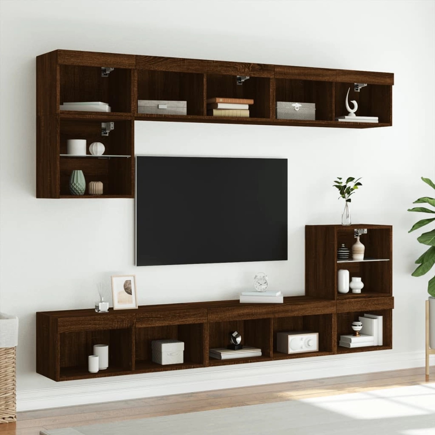 VidaXL TV-Schrank mit LED, braune Eichen-Optik, wandmontiert, Wohnwand.