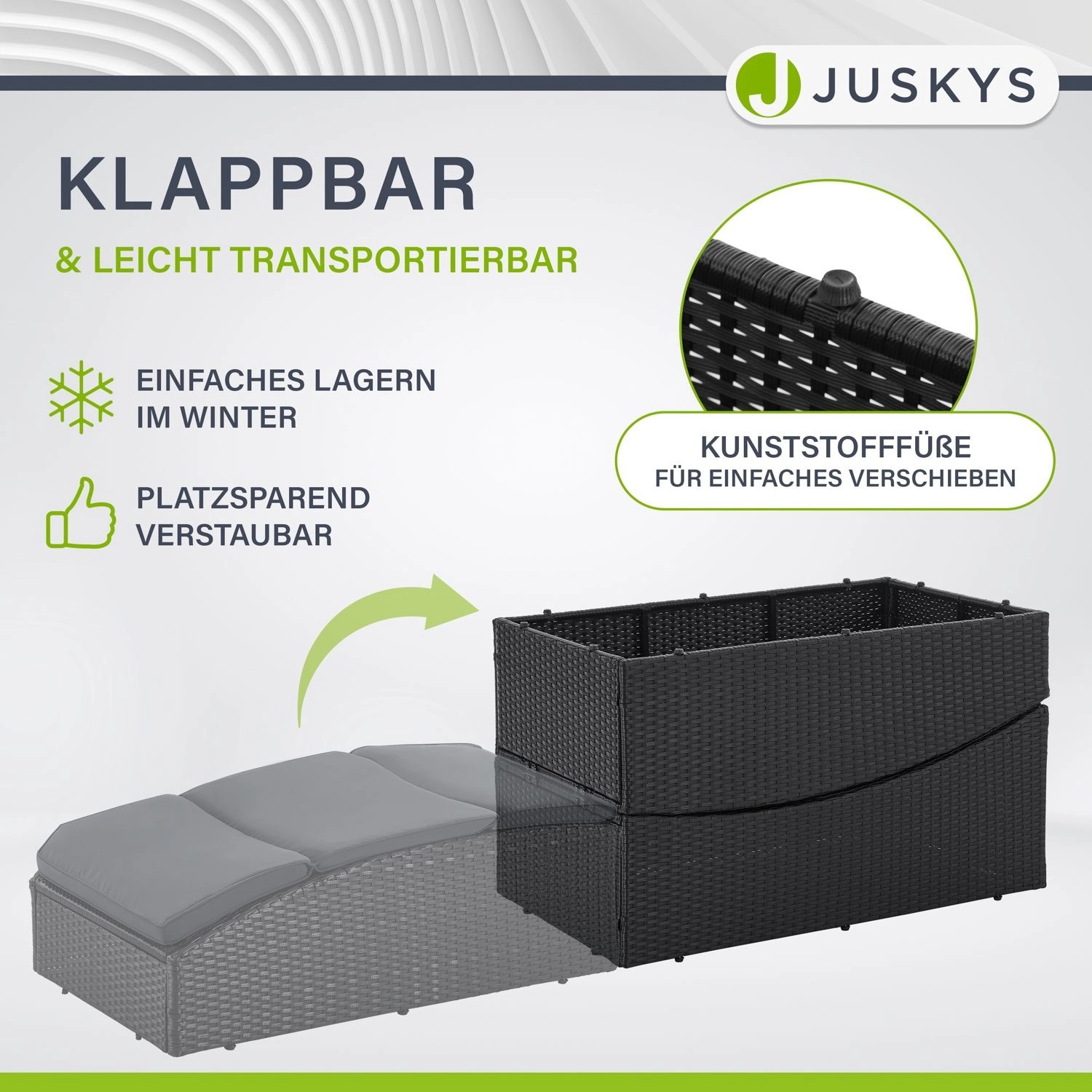 Juskys Faltbare Sonnenliege Lamia Schwarz, platzsparend zusammengeklappt.