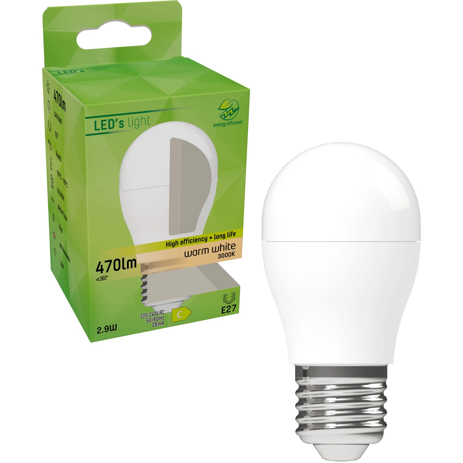 E27 LED-Lampe Globe G45, 2,9W, 470lm, Ø 4,5cm. Warmweißes Licht für Decken-, Tisch- und Wandleuchten.