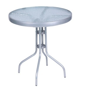 Silberfarbener Bistrotisch mit Glasplatte, rund, 60 cm Durchmesser, 70 cm hoch. Ideal als Gartentisch oder Balkontisch.