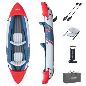 Hydro-Force Lite-Rapid X2 aufblasbares Kajak-Set für 2 Personen. Rot-weiß-blaues Kajak mit Paddeln, Pumpe und Tragetasche.