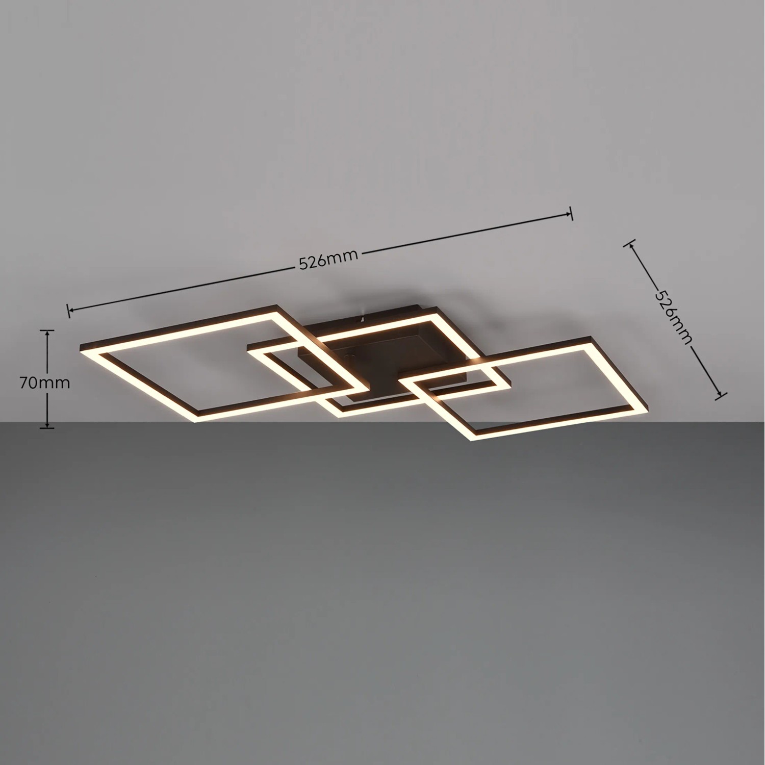 Moderne, schwarze LED-Deckenleuchte mit schwenkbaren, quadratischen Elementen (52,6x52,6cm).
