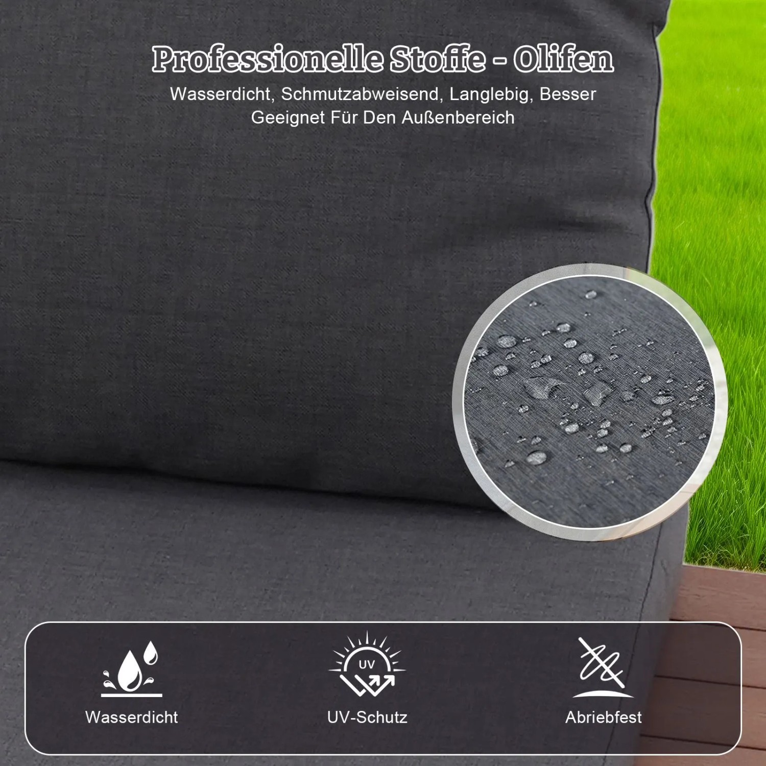Detailaufnahme Gartenlounge-Set: Graue Polster mit wasserabweisendem Bezug und UV-Schutz.