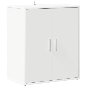 Weißer vidaXL Schuhschrank (60x35x70 cm) aus Holzwerkstoff mit zwei Türen und silbernen Griffen.