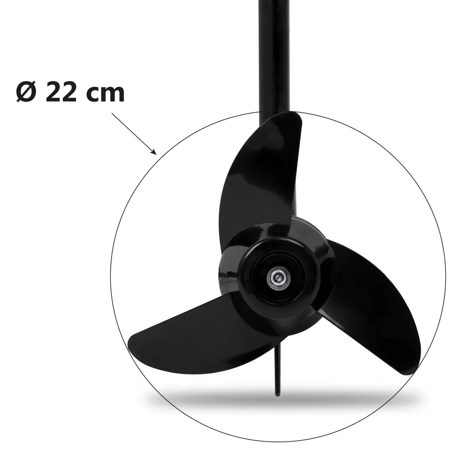 Detailaufnahme des schwarzen 3-Blatt-Propellers für EBERTH Elektro Außenborder, Durchmesser 22cm.