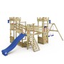 Wickey Spielturm Smart Arch mit blauer Rutsche, Schaukel und Kletterwand.