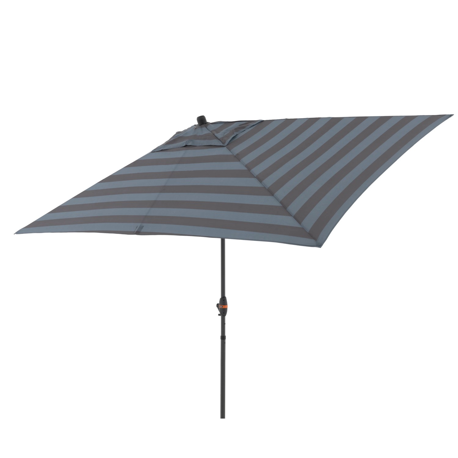 Rechteckiger, blau-grau gestreifter Doppler Marktschirm (200x300 cm) mit Kurbel.