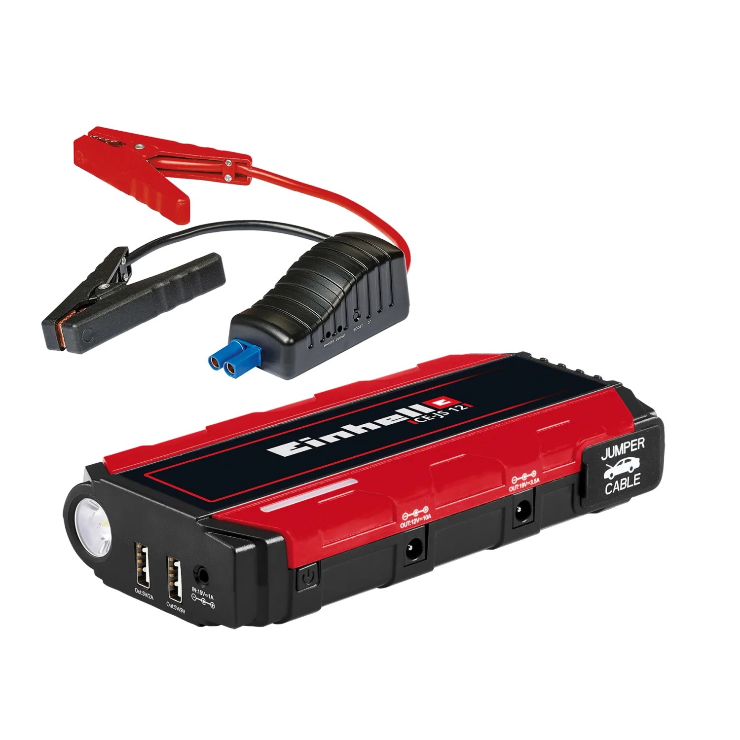 Einhell CE-JS 12 Power Bank Jump-Start mit Starthilfekabel, USB-Adapter und LED-Leuchte.