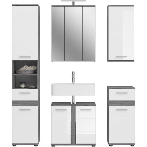 6-teiliges Badmöbel-Set Blake in Hochglanz Weiß mit Spiegelschrank, Waschbeckenunterschrank, Hänge- und Hochschrank.