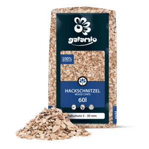 Galamio Holzhackschnitzel Fallschutz 60l. Heller Holzmulch in blauem Sack, Körnung 5-30 mm, für Spielplatz & Garten.