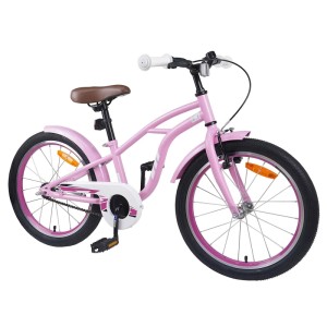 Hellrosa Kinderfahrrad 20 Zoll aus Stahl mit Schutzblechen, braunem Sattel und weißen Griffen. Robustes Fahrrad für Kinder.