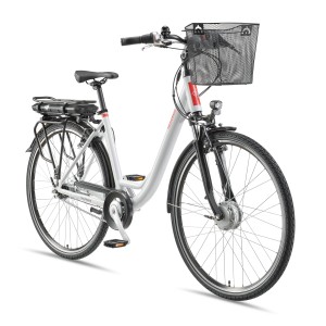 Weißes Telefunken City E-Bike 28 Zoll mit Korb, Frontmotor und 7-Gang Shimano Nabenschaltung.