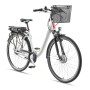 Weißes Telefunken City E-Bike 28 Zoll mit Korb, Frontmotor und 7-Gang Shimano Nabenschaltung.
