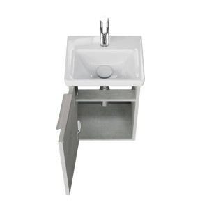 Steinkamp Waschtischunterschrank Living 2.0 mit Villeroy & Boch Subway 3.0 Waschtisch, oxid hellgrau, Tür geöffnet.