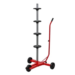 Roter PROREGAL Felgenbaumwagen CARRERO für 4 Autoreifen, 118x85x58cm, mit Rollen und Handgriff.