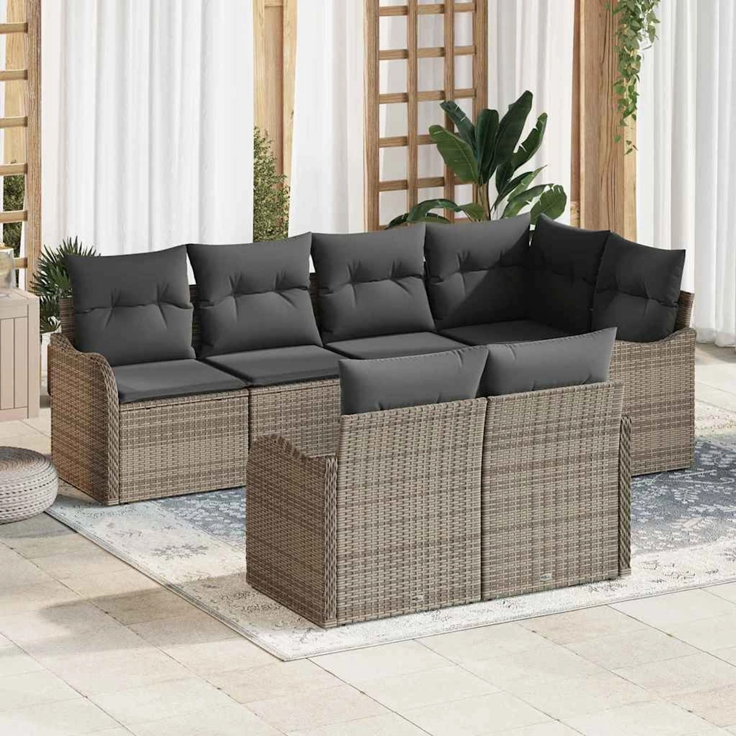 Graues 7-teiliges vidaXL Garten-Sofa-Set aus Poly Rattan mit Kissen für Terrasse und Garten.