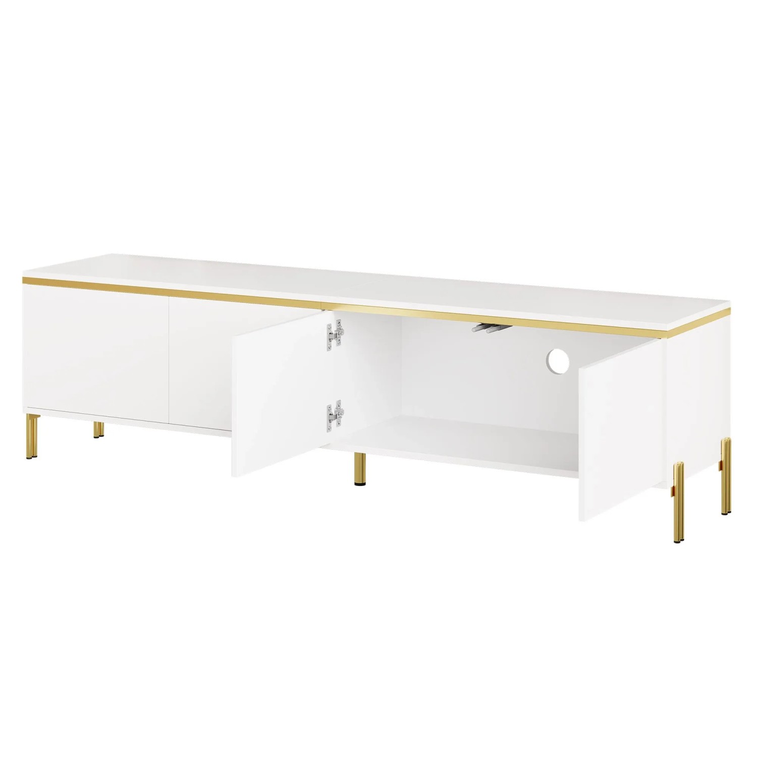 okwish TV Schrank mit 4 Türen Kabelmanagement Goldkante Stauraum 170×38×50cm Weiß
