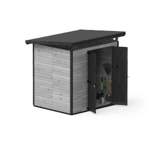 Graues Upyard Gartenhaus Strongbox L mit Fundament und geöffneten Doppeltüren.