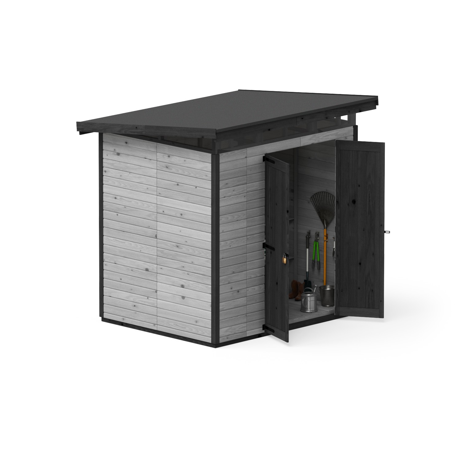 Graues Upyard Gartenhaus Strongbox L mit Fundament und geöffneten Doppeltüren.