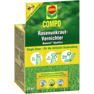 Compo Banvel Quattro Rasenunkraut-Vernichter, 10ml Portionsflasche zur Unkrautbekämpfung im Rasen.