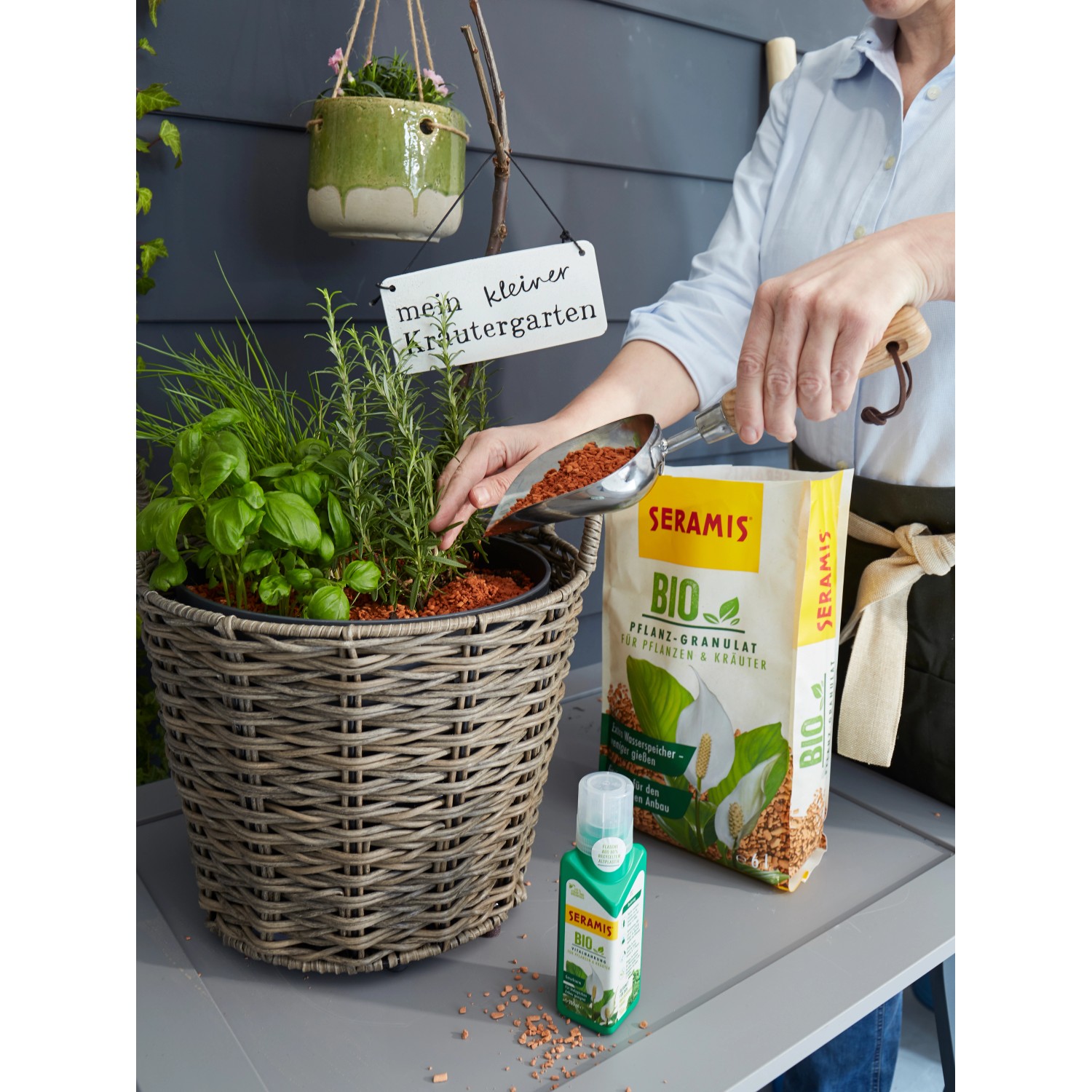 Seramis Bio-Pflanz-Granulat beim Umtopfen von Kräutern in Korb-Pflanztopf.