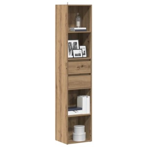 Schlankes Bücherregal in Artisan-Eiche mit 4 offenen Fächern und 2 Schubladen für Bücher und Deko.