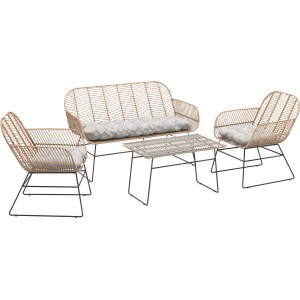 4-teiliges Lounge-Set Udima aus Rattan in Natur mit Tisch und grauen Auflagen.