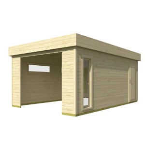 Lasita Garage Bahamas 2 aus unbehandelter Fichte ohne Tor, mit Fenster und Tür.
