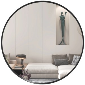 Runder HOMCOM Wandspiegel (60x60 cm) mit schwarzem Aluminiumrahmen in Wohnzimmer.