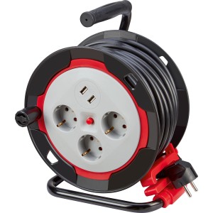 Kompakte Kabeltrommel mit 15 m Kabellänge, Überhitzungsschutz und 3 Steckdosen für den Innenbereich.