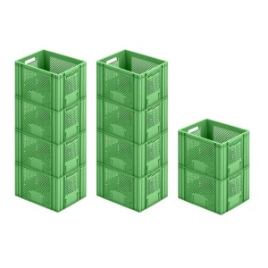 Sparset: 10 grüne Eurobehälter, Obst- und Gemüsekisten, 26 Liter, stapelbar, für Transport und Lagerung.