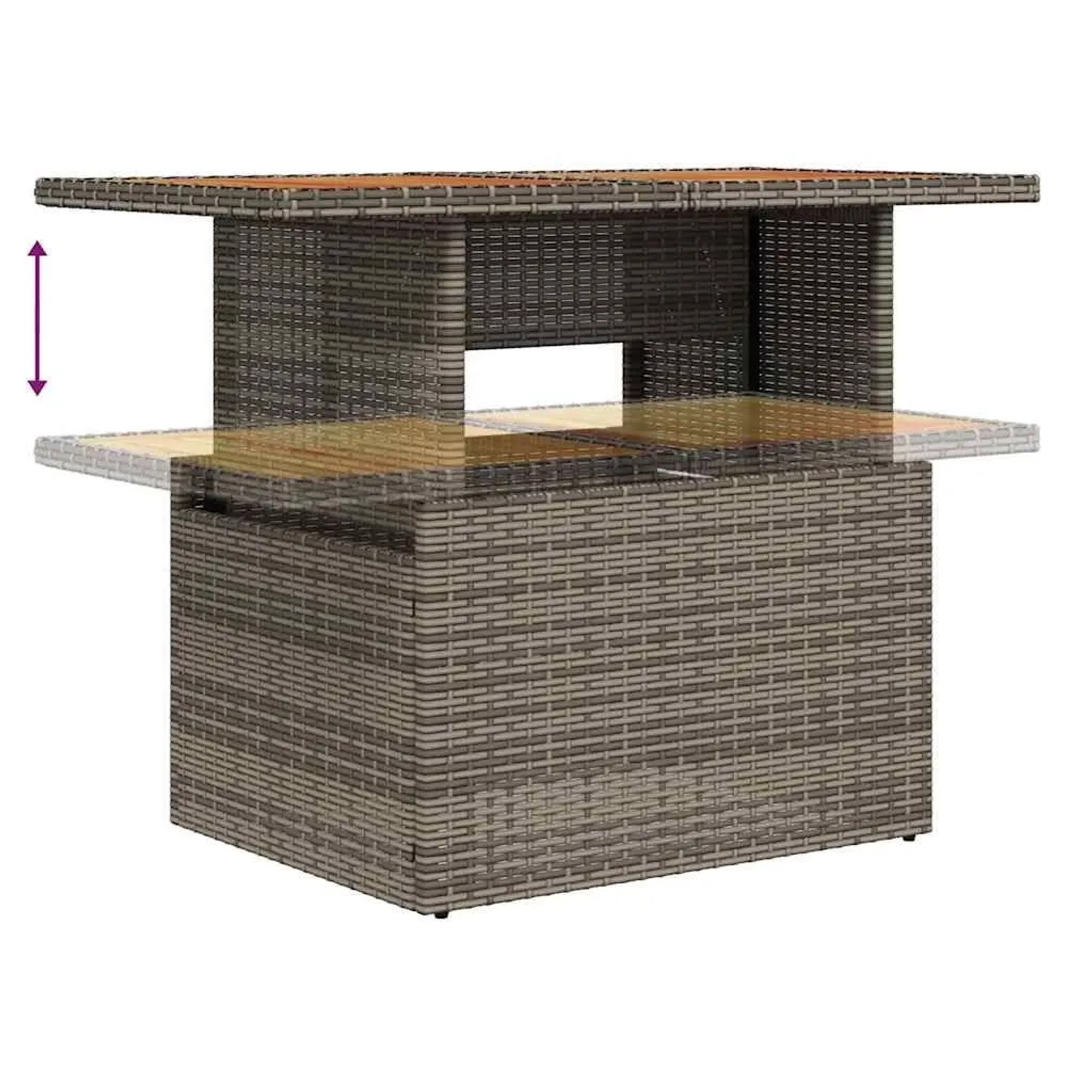 Grauer Poly-Rattan Gartentisch mit brauner Akazienholzplatte, höhenverstellbar. Teil der vidaXL Essgruppe.