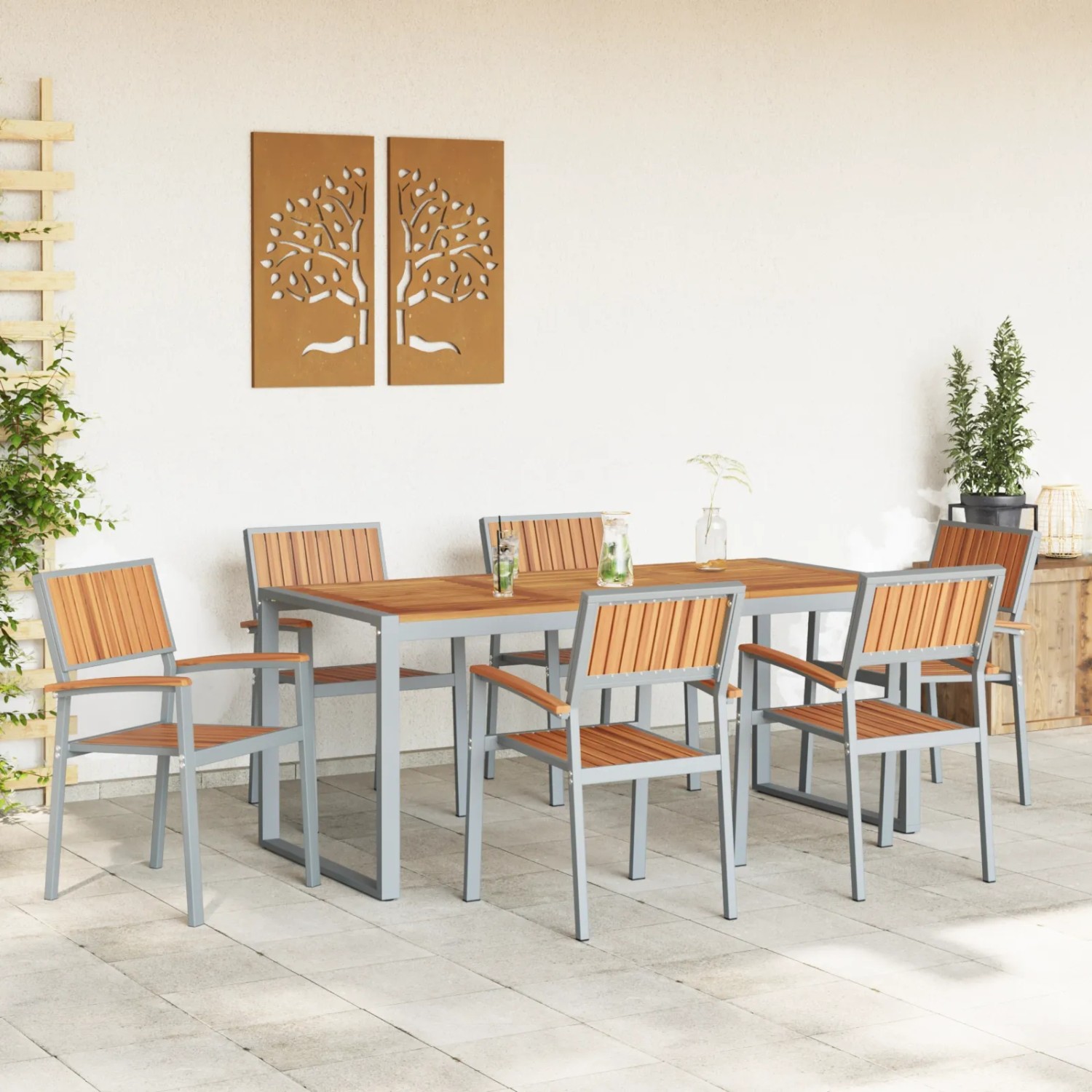 7-teiliges Garten-Esszimmer-Set aus Akazienholz und Metall, bestehend aus Tisch und 6 Stühlen.