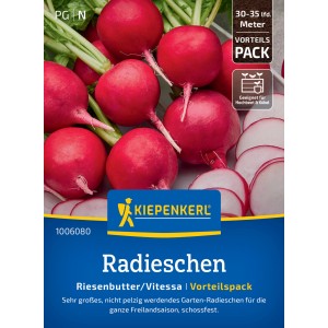 Kiepenkerl Radieschen Riesenbutter Vitessa: Große, rote Radieschen auf der Saatgutpackung.