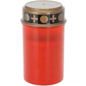 Rotes LED-Grablicht, 6,5x12cm, mit Kreuzmuster am Deckel. Stimmungsvolle Grabkerze für Gedenkstätten.