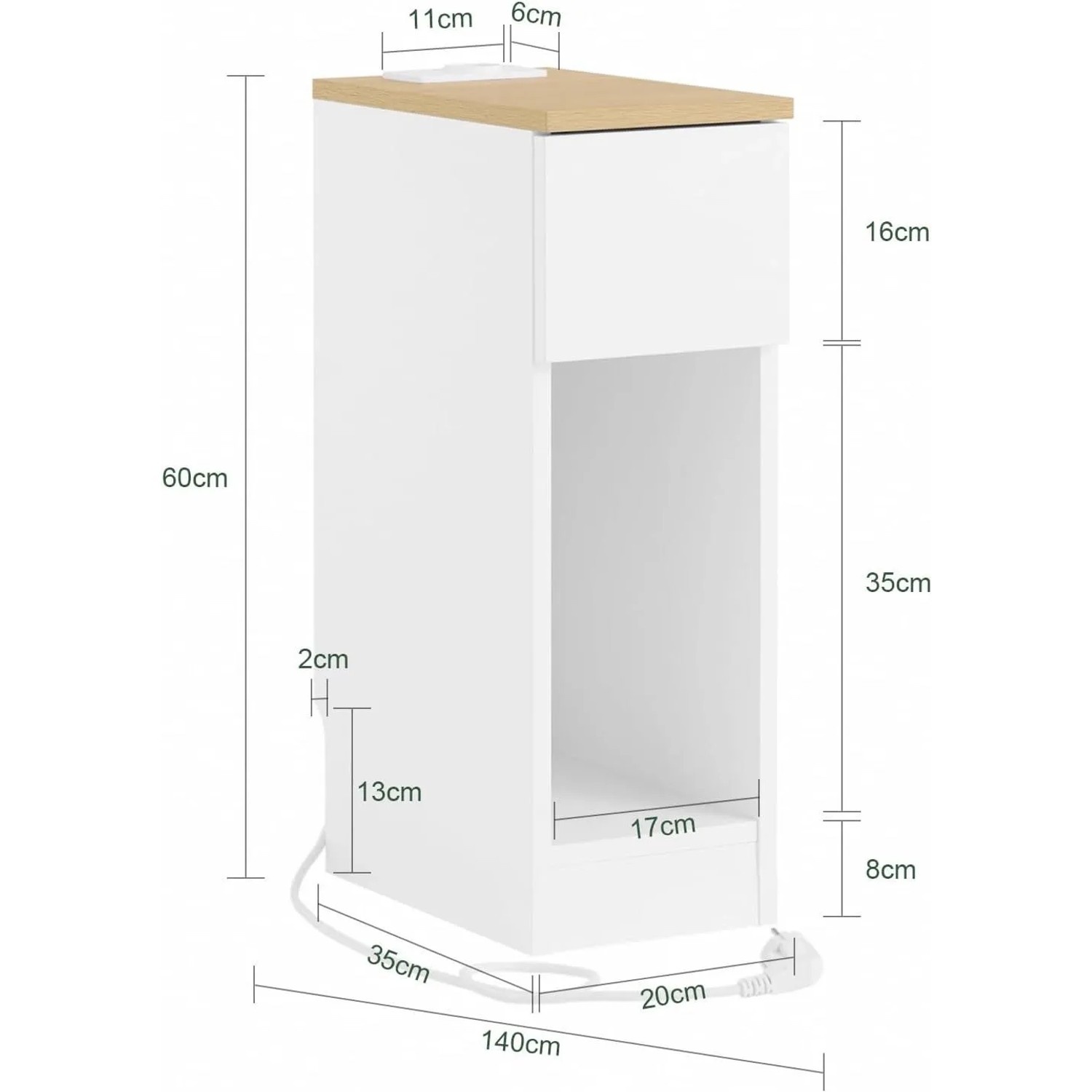SoBuy 2er Set Nachttisch Schmal mit Steckdose 20cm Breite Nischenschrank 20x60x35cm FBT111-E-WNx2_6