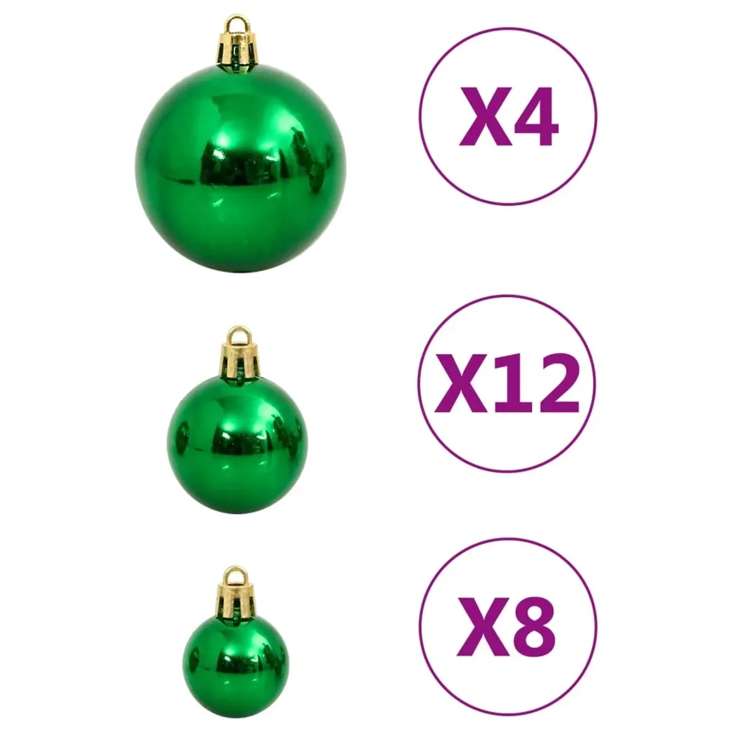 Grüne Weihnachtskugeln Set, verschiedene Größen. Weihnachtsbaumkugeln aus Polystyrol.