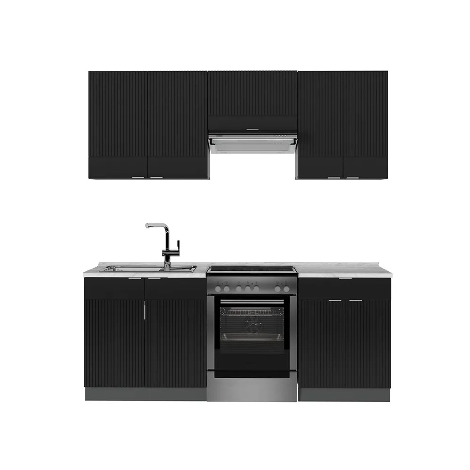 Vicco Fame-Line Küchenschränke Schwarz gestreift/Anthrazit 200 cm AP Marmor ohne E-Geräte