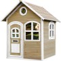 Axi Julia Spielhaus aus Holz in Braun und Weiß mit Tür, Fenster und Briefkasten.