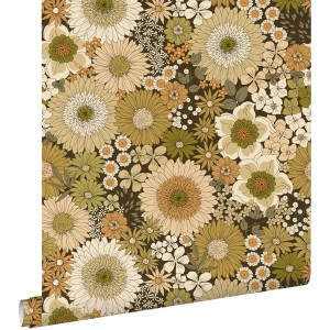 ESTAhome Tapete Retro Blumen Olivgrün und Orangebraun 50 x 900 cm
