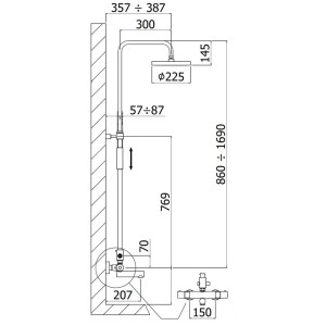Technische Zeichnung: Kronenbach Duschsystem Aufputz mit Thermostat und runder Kopfbrause (Ø 22,5cm).