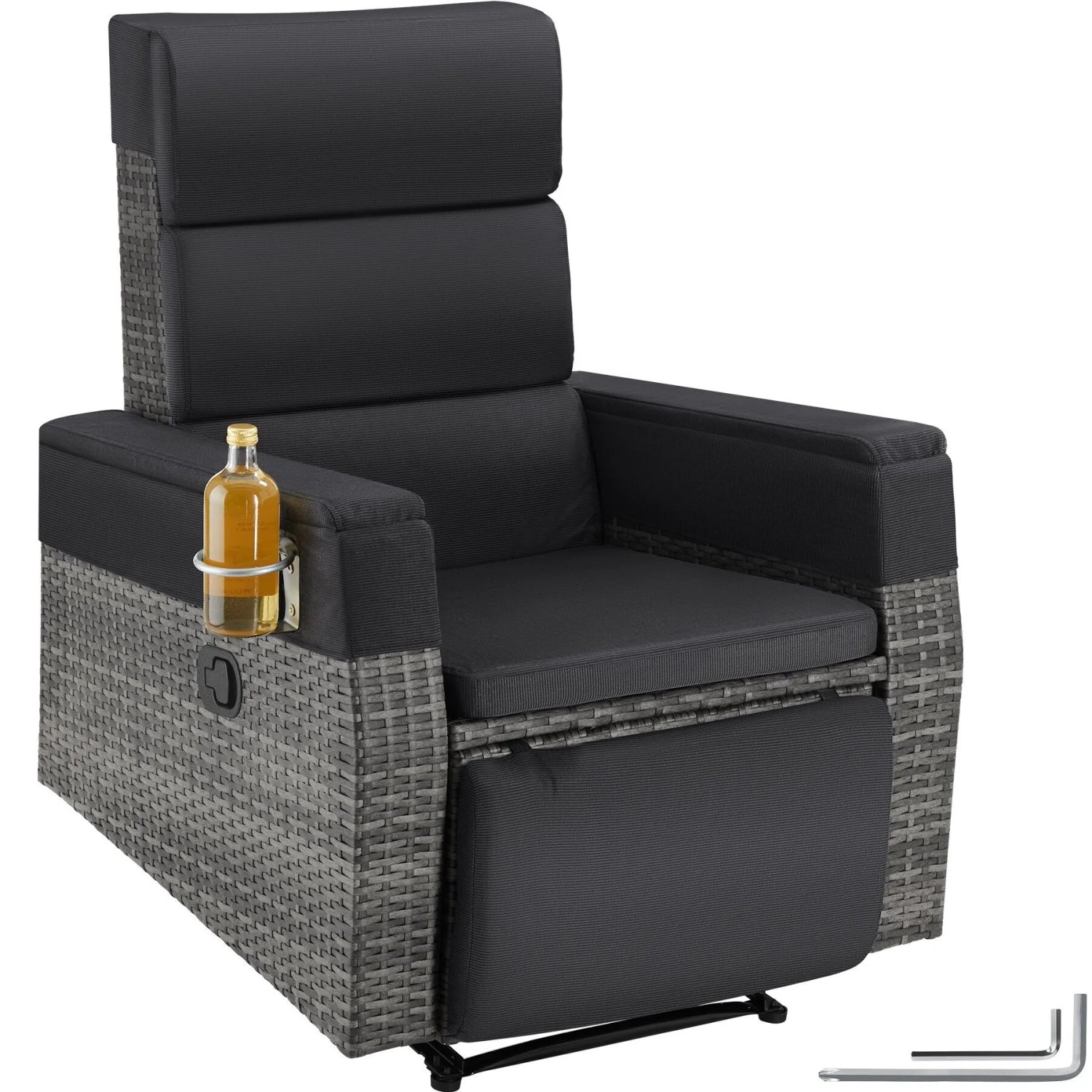 Tectake Aluminium Rattansessel Pacentro Verstellbare Rückenlehne und Fußablage Wetterfest  Mit Getränkehalter Pro Stück 80 x 157 x 97 cm Grau