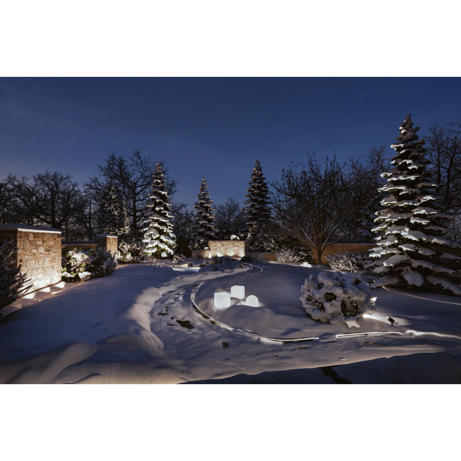 Paulmann Neon Stripe im winterlichen Garten, Teil des Plug & Shine Außenbeleuchtungssystems.