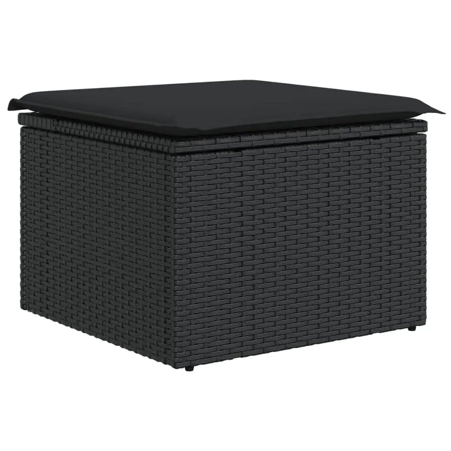 Schwarzer vidaXL Gartenmöbel-Hocker aus Rattan mit Kissen, Teil einer Sofagarnitur.