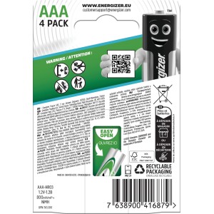 Energizer Extreme AAA Akkus, 4er Pack, wiederaufladbar, 800 mAh.