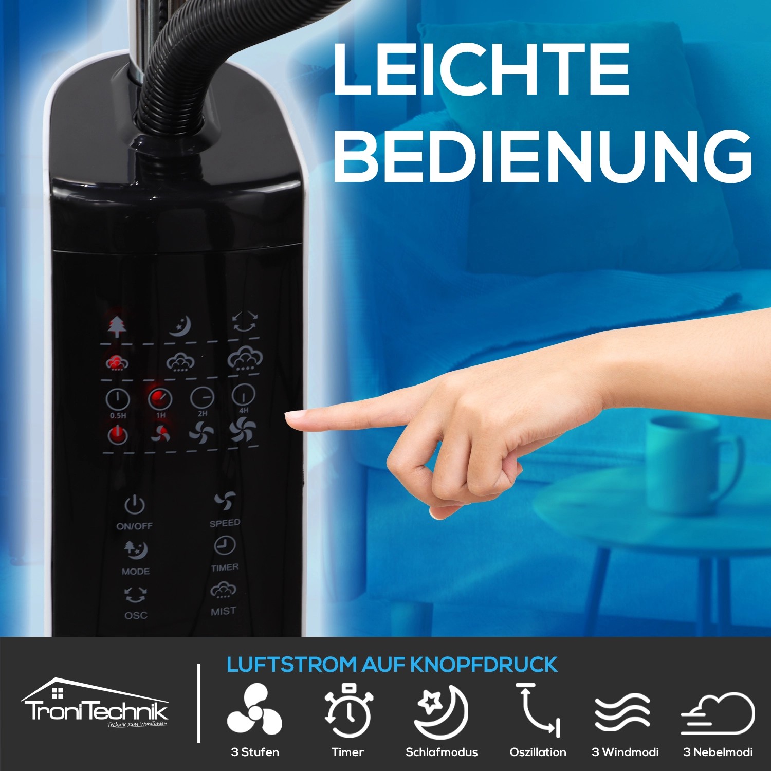 Bedienfeld des TroniTechnik Standventilators mit Wasserkühlung und Touch-Steuerung.