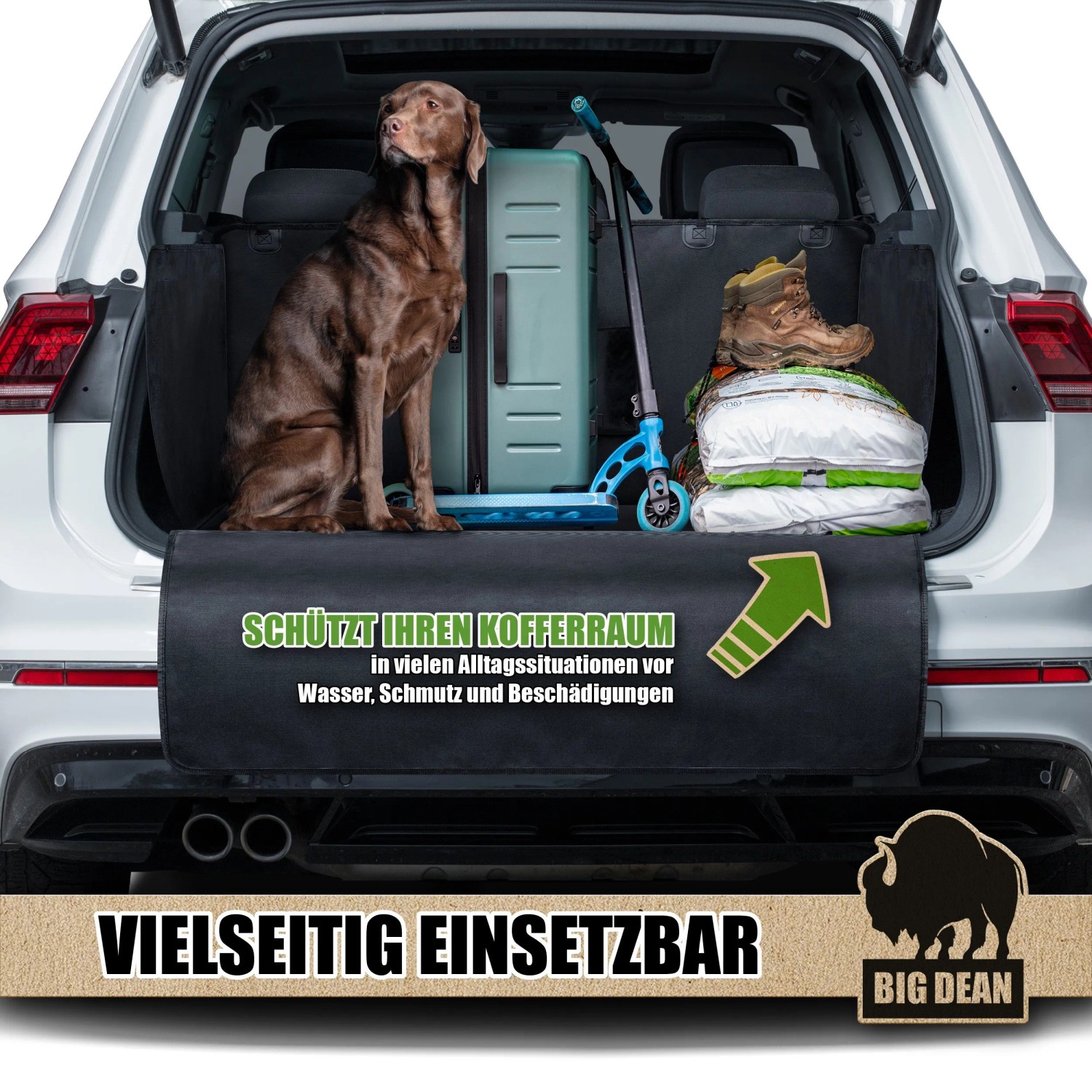 Universelle BigDean Kofferraum Schutzmatte, schwarz, mit Seiten- und Stoßstangenschutz. Schützt vor Schmutz, Wasser, Tierhaaren. Mit Hund, Gepäck.