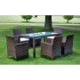 7-teilige Garten-Essgruppe aus Poly Rattan in Braun mit Tisch und 6 Stühlen mit Auflagen.