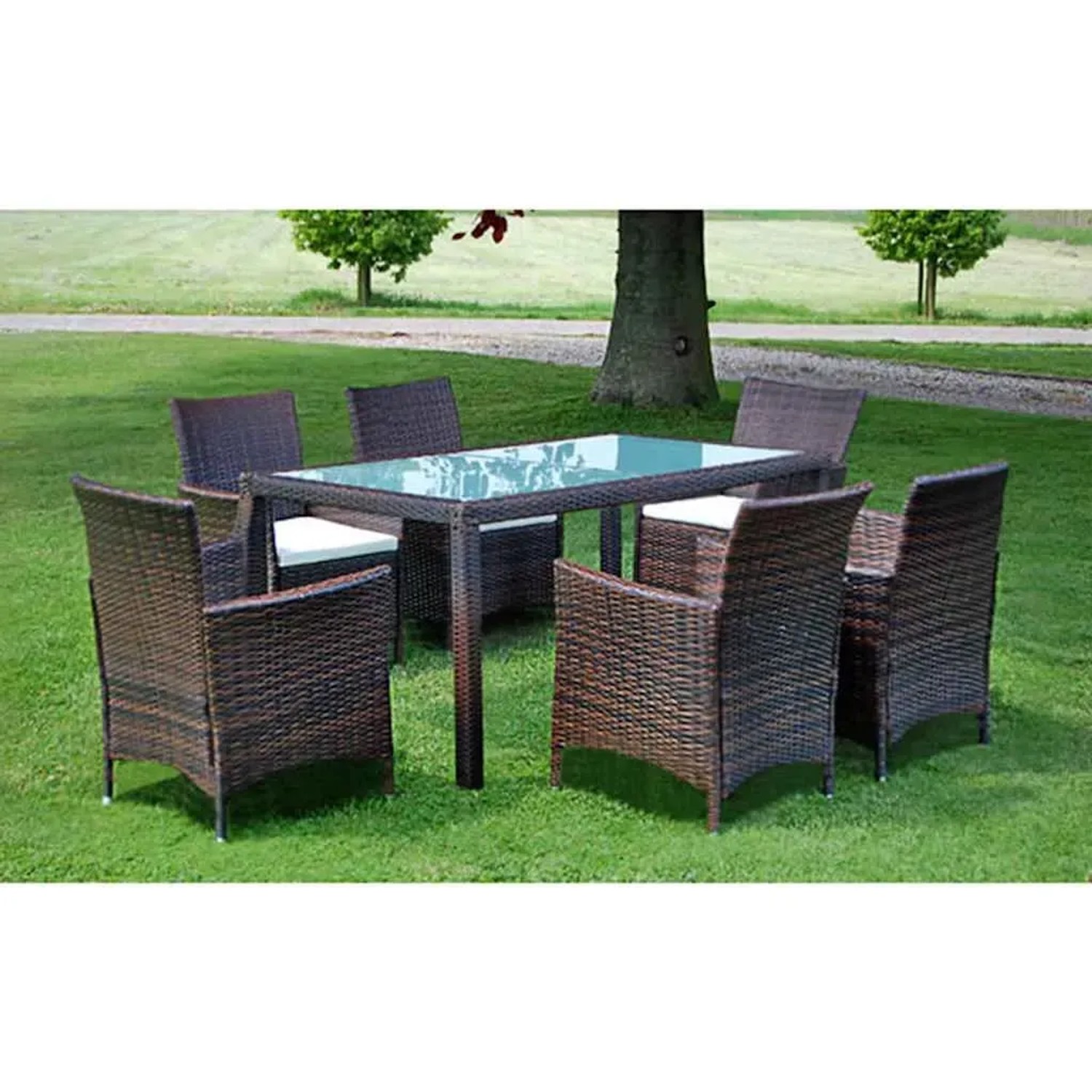 7-teilige Garten-Essgruppe aus Poly Rattan in Braun mit Tisch und 6 Stühlen mit Auflagen.