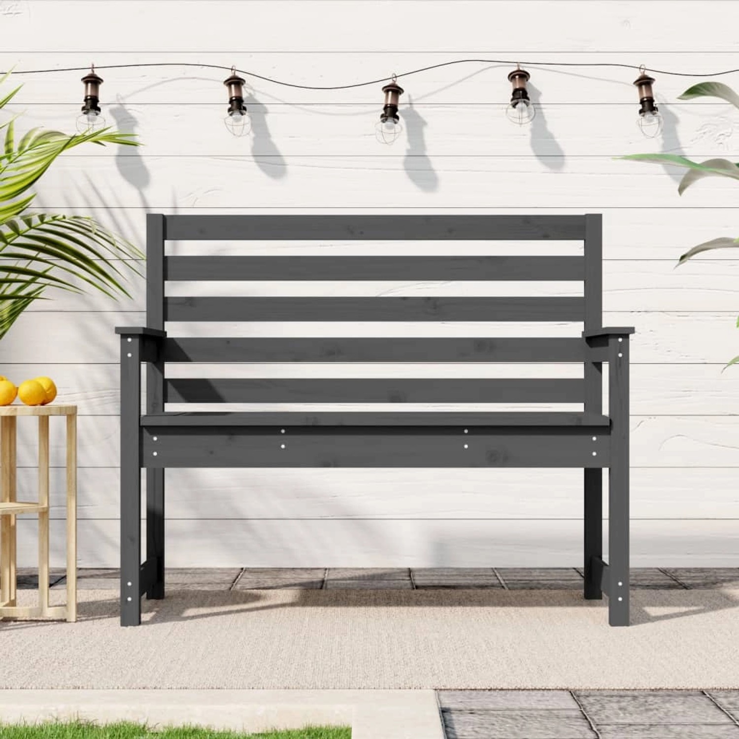 Graue VidaXL Gartenbank aus Kiefernholz, 109x48x91,5 cm, mit Lattenrost-Sitz und Rückenlehne.